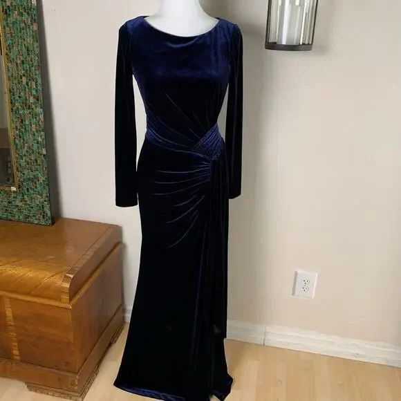 Vince Camuto Size 8 Maxi Dress Gown Midnight Blue Velvet Draped Formal Holiday - Picture 11 of 12